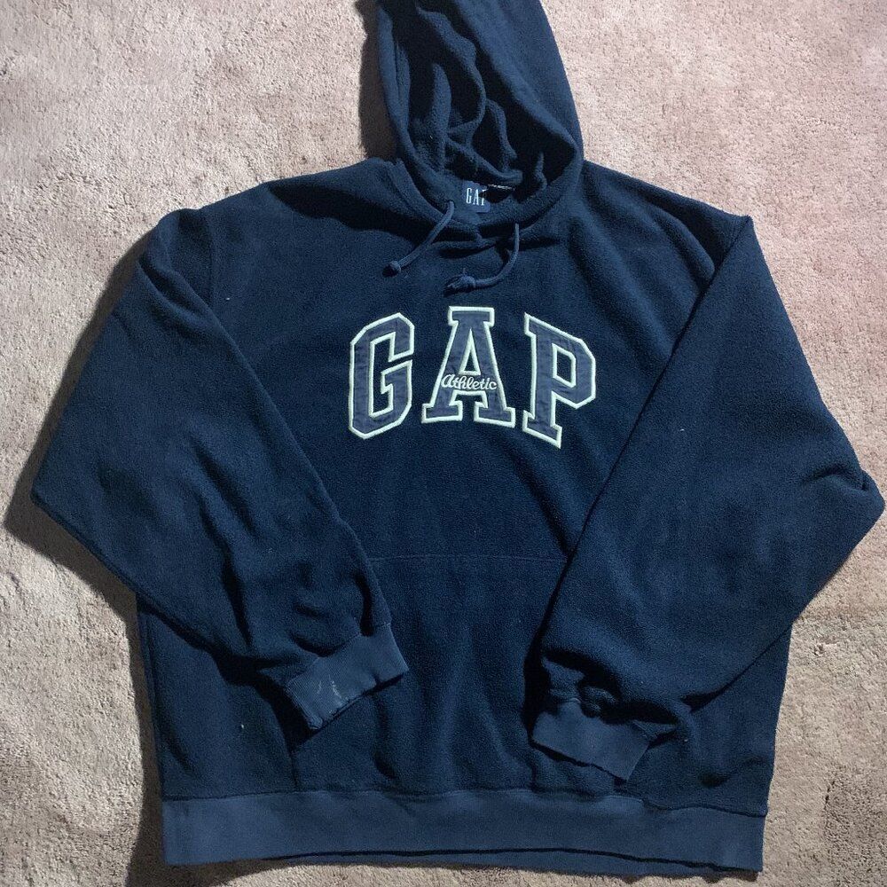 Vintage Gap Athletic Fleece Hoodie Navy Blue Spellout Pullover Mens XL